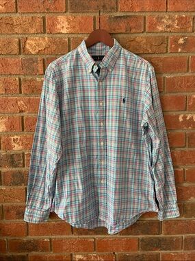 Ralph Lauren Men’s Blue Pink Plaid Long Sleeve Button-Down Shirt